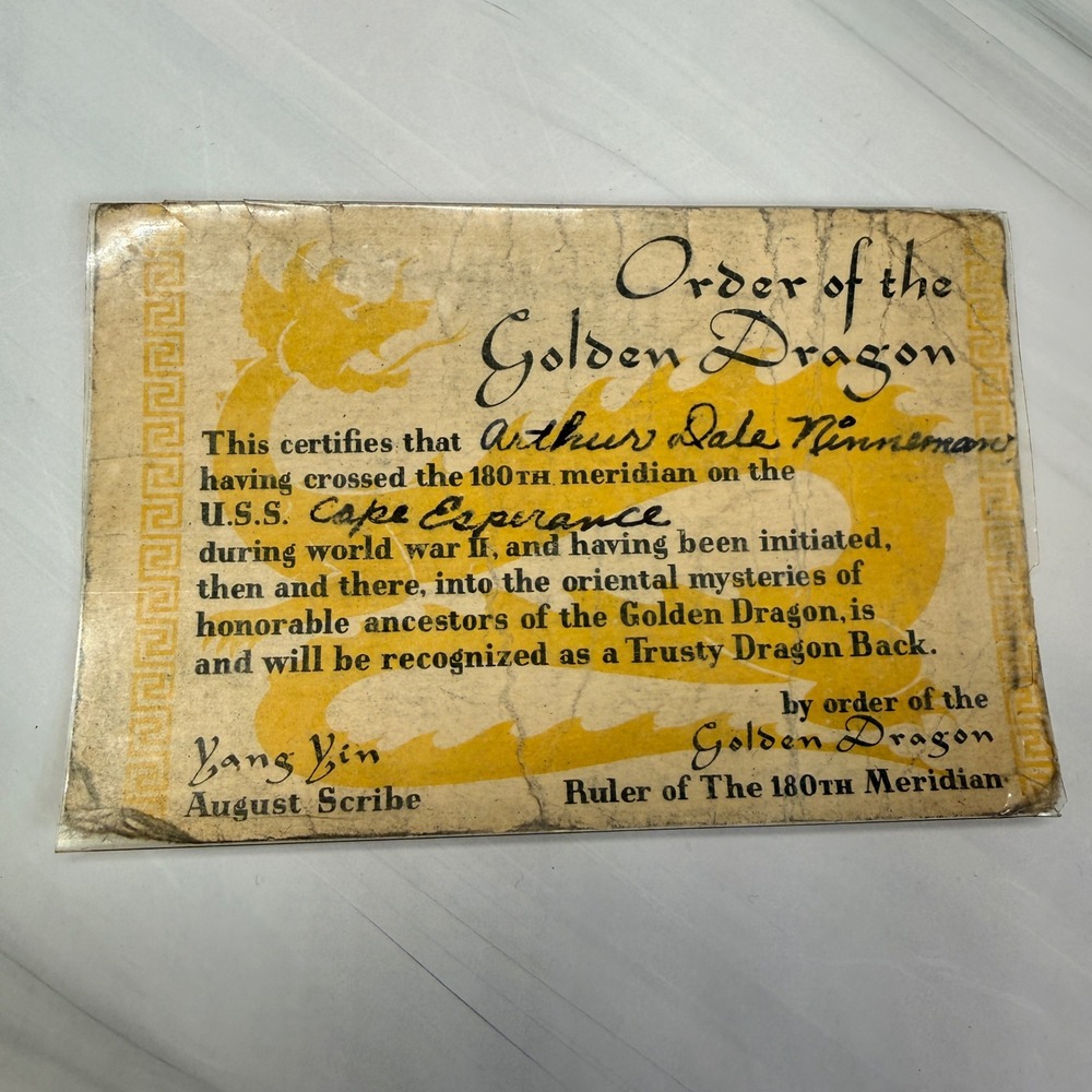 WWII USS Cape Esperance Order of the Golden Dragon Wallet Card Navy Ephemera